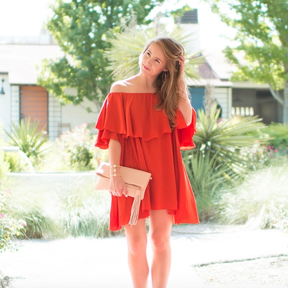 red off the shoulder ruffle dress